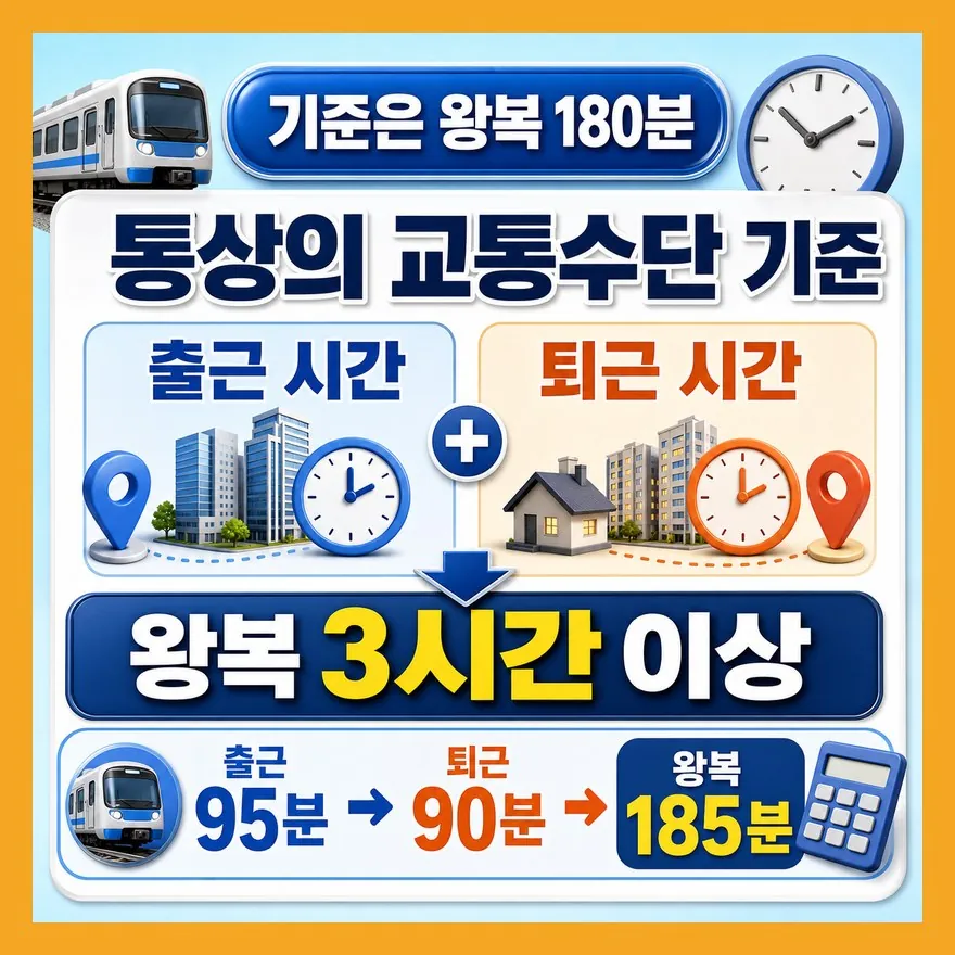 왕복 3시간은 편도 3시간이 아니라 출퇴근 합산 180분입니다