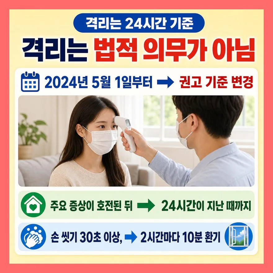 확진 후 5일 격리가 아니라 증상 호전 후 24시간이 기준입니다