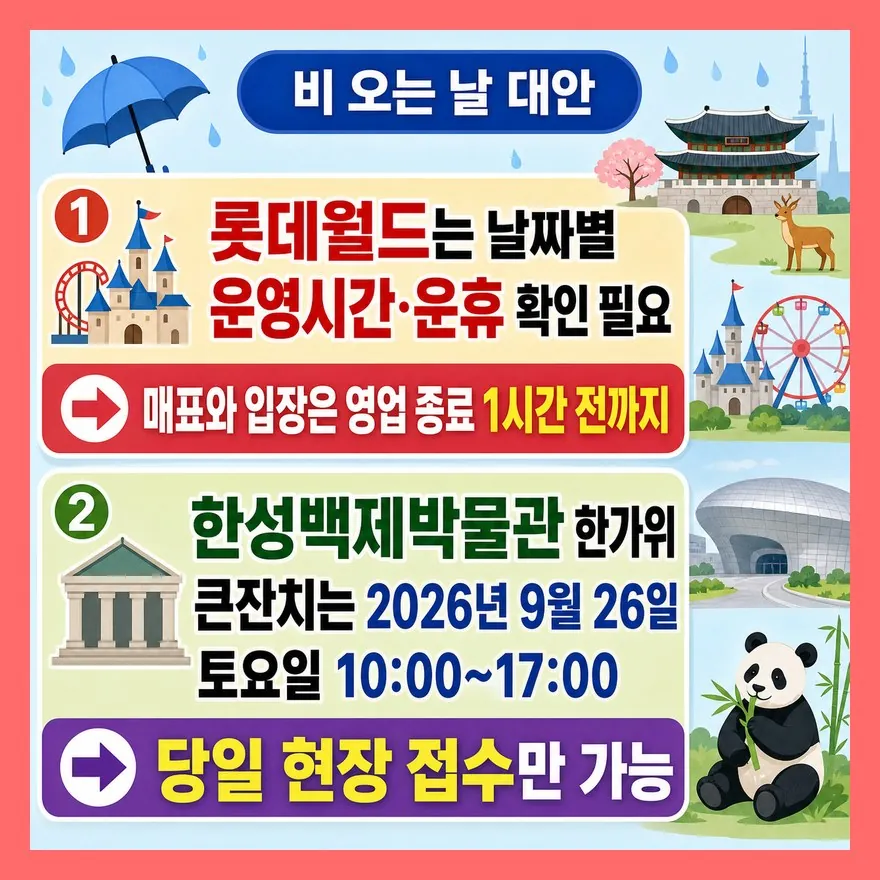 비 오는 날은 롯데월드, 대기 싫으면 한성백제박물관은 오전입니다