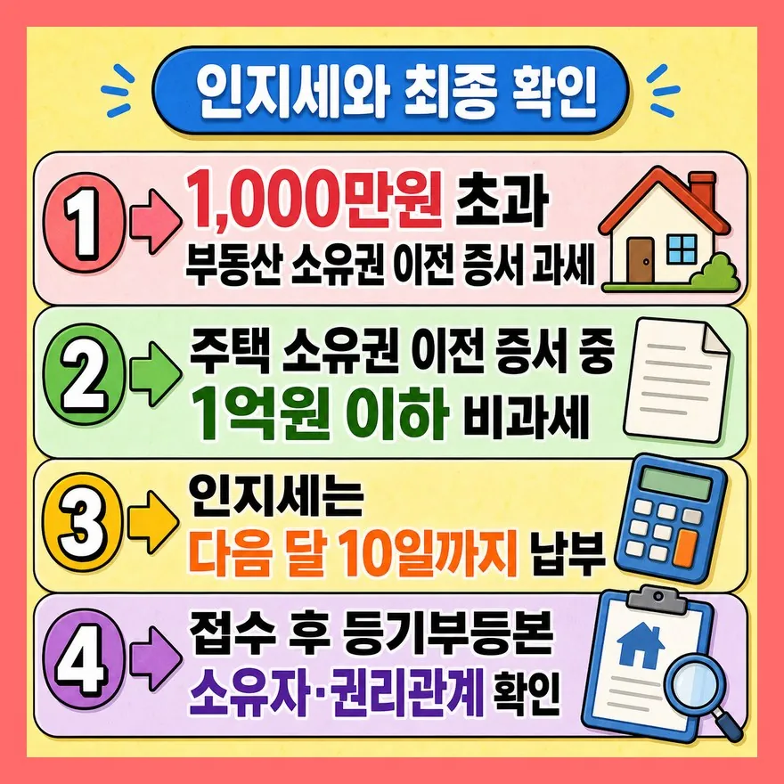 인지세와 접수 후 등기부 확인까지 해야 끝납니다