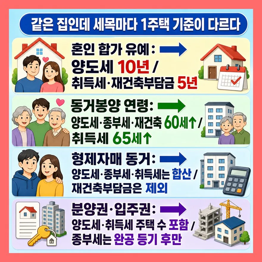 세목별 1세대 1주택 판단 기준 완전 비교