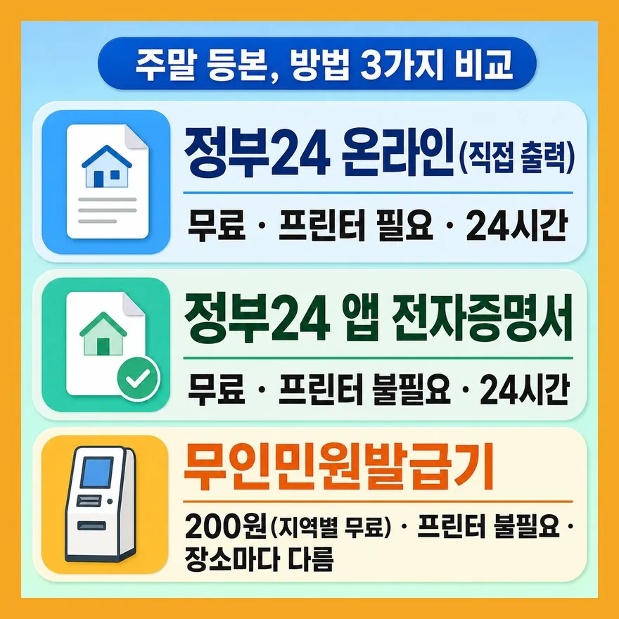 주말 등본 발급, 선택지가 세 가지예요