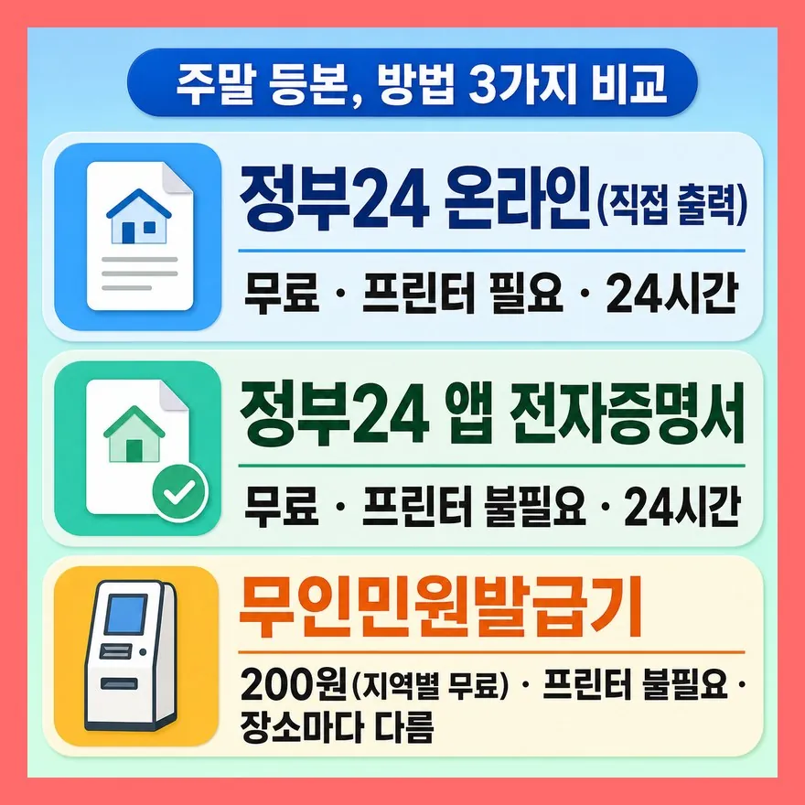 주말 등본 발급, 선택지가 세 가지예요