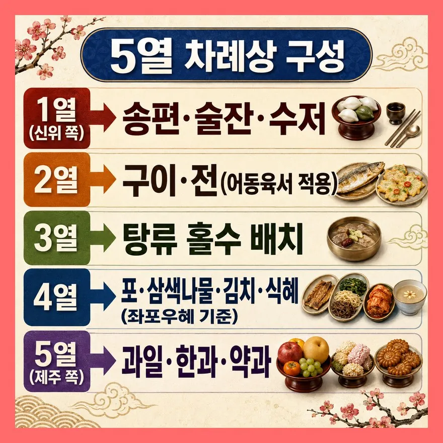 전통 5열 차례상 — 열별 음식 배치