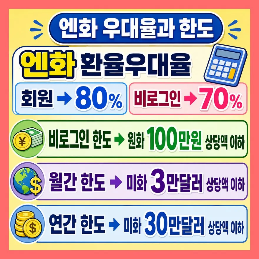 엔화 우대율은 로그인 80%, 비로그인 70%입니다